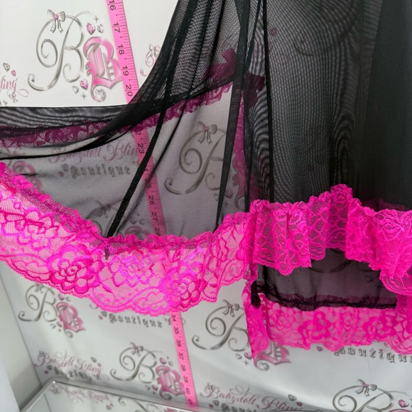 B delicious mini dress Sheer Black Chemise with Pink Lace Trim Elegant Nightwear - Picture 10 of 15